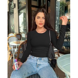 OQQ Womens 2 Piece Shirts Long Sleeve Crew Neck Ruched Stretch Basic Fitted Tee Shirts Tops Black Pitaya