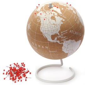 White Cork Globe with Push Pins - 7.3” Push Pin Globe with Map of the World and Rotating Stand for Children or Adults, 100 Red Push Pins - World Globe for Home, Office, Classroom, Travel, Kids