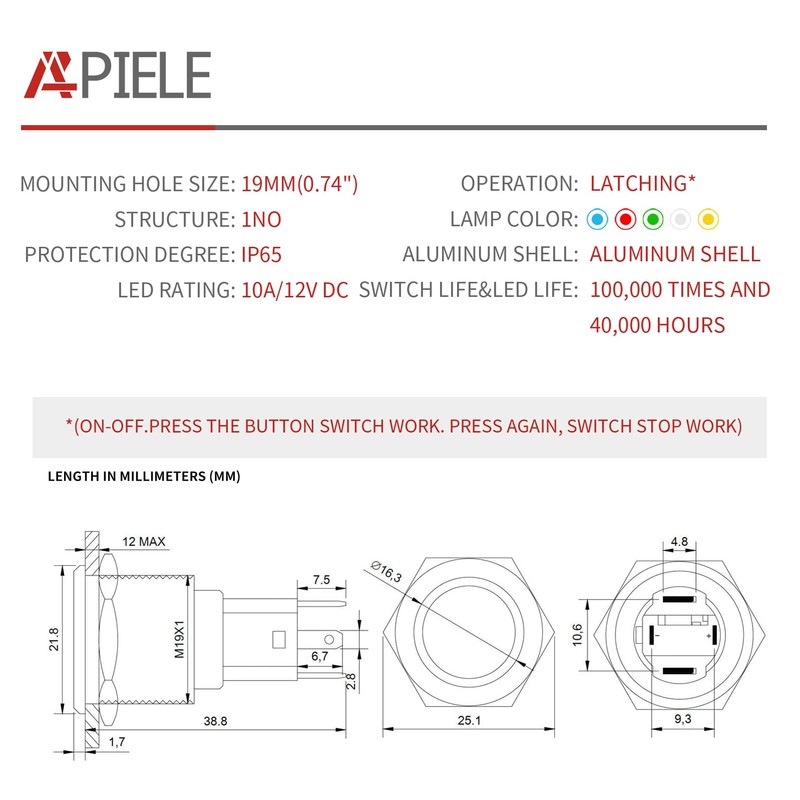APIELE 10 Amp 19mm Latching Push Button Switch 12V SPST