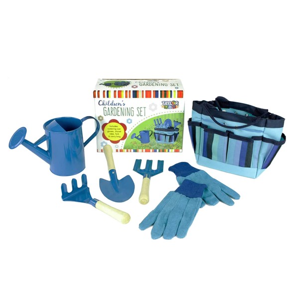 Taylor Toy Kids Blue Gardening Set, Outdoor Toys, Kids Shovel, Rakes, Watering Can, & Tool Bag Set, All Ages