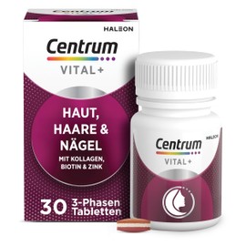 Centrum Vital+ Skin, Hair & Nails, High-Quality Nutrient Complex for Beauty from Inside2 & Cell Regeneration3, with Marine Collagen, Hyaluronic Acid, Biotin, Zinc, Vitamin C, 30 Tablets