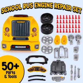 Car Engine Toy for Kids - School Bus Toy Motor Mechanic Set for Kids - Complete Interactive Truck Engine Toy with Tools, Nuts, Bolts - Take Apart Toy with Rotating Jack, Working Headlights, Car Alarm