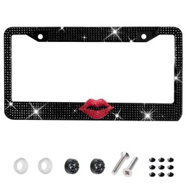 Hurifeng 1 Pack Black Bling License Plate Frame with Red Rhinestone Lips
