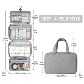Mayoii Hanging Travel Toiletry Bag for Women & Men – 4-Fold Waterproof Makeup Bag with PVC Compartments, Large Capacity Cosmetic Organizer for Vacation, Business Travel (Grey)