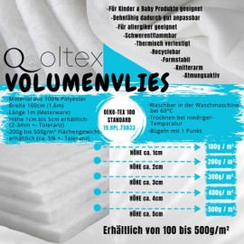 Qooltex Volume Fleece 500 g/m² Upholstery Wadding - 160 cm Wide 50 mm 5 cm Thick - Sold by the Metre Upholstery Fleece Wadding for Crawling Blanket