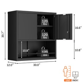LUCYPAL Garage Storage Cabinet with Locking Doors and Shelves,Black Metal Wall Cabinets for Garage,Floating Upper Storage Cabinet for Warehouse/Basement/Kitchen/Home Office