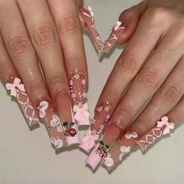 French Tip Press on Nails Long Square Coffin False Fake Nails Simple with Nude Pink Flowers Design Full Cove Thick Glossy Acrylic Glue on Nails Stick on Nail for Women 24Pcs XA-114-44