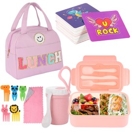 77 Pieces Bento Box Lunch Box Kit Large Pink Insulated Lunch Bag 3 Layer Stackable Leakproof Lunch Box Containers with Cup,Lunch Bag,Spoon,Fork,60 Pieces Lunch Box Notes for Girl Women (Purple)