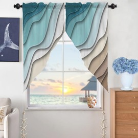 BEMIGO Swag Valances for Windows, Ombre Stripes Turquoise Brown Rod Pocket Kitchen Window Curtains Over Sink, Abstract Striped Window Curtain Panel Swag Curtains Valences, 36 Inches Length