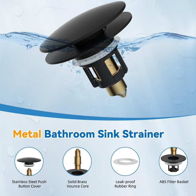 iFealClear Universal Black Bathroom Sink Stopper, Metal Pop Up Sink