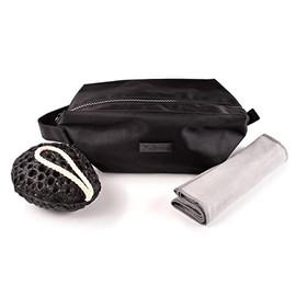 7th Heaven Men's Black Toiletry Bag Kit with Grey Towel and Charcoal Cleansing Sponge - Perfect for Gym or Travelling
