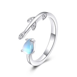 KZX Leaf Ring for Women 925 Sterling Sliver Moonstone Open Leaf Adjustable Rings Jewelry Gifts for Mother Wife
