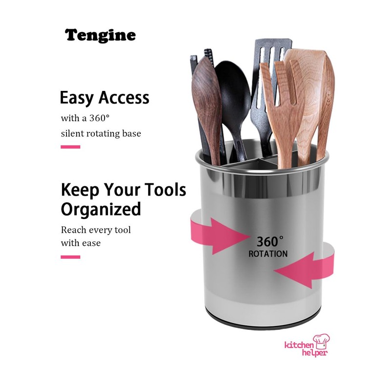 TENGINE Stainless Utensil Holder 360° Rotating 6.5X5.25 Inch Utensil Crocks
