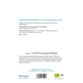 BioProphyl® Organic Spirulina – 1250 Pellets of 400 mg Spirulina Algae Powder – 500 g Storage Pack – No Additives EG-Öko-VO DE-ÖKO-013