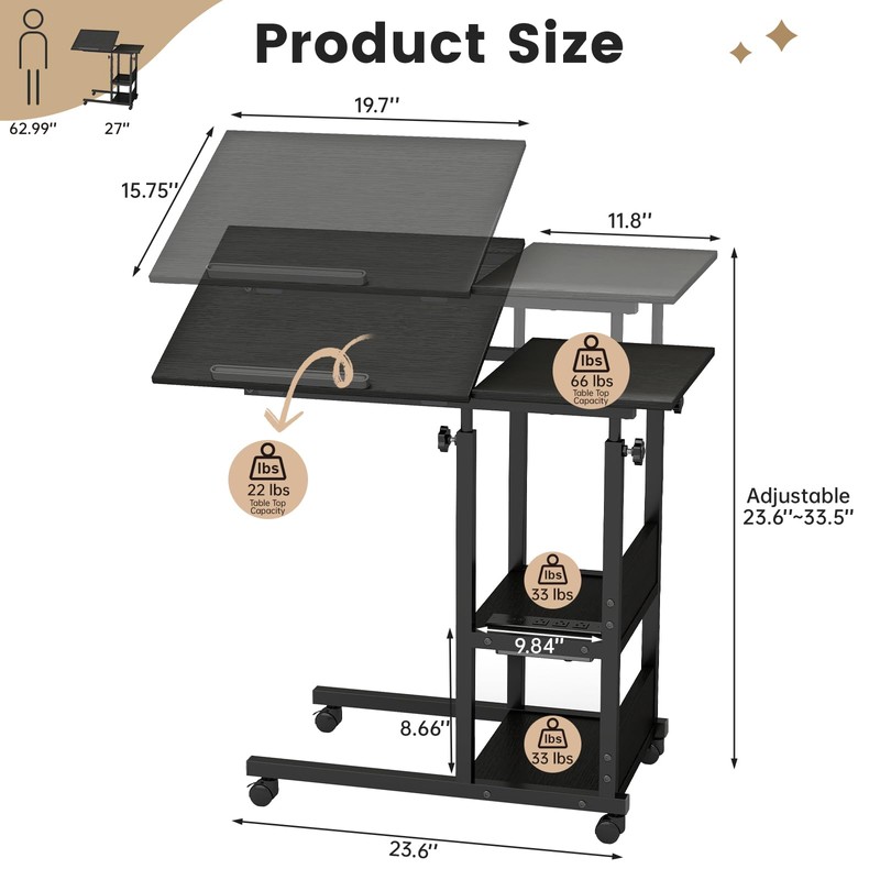 Hadulcet Adjustable C Table with Charging Station, Tiltable Desk C