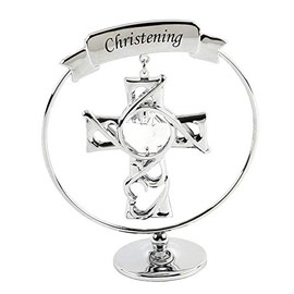 Crystocraft Keepsake Christening Cross Gift Ornament - Chrome Plated with Swarvoski Crystal Elements