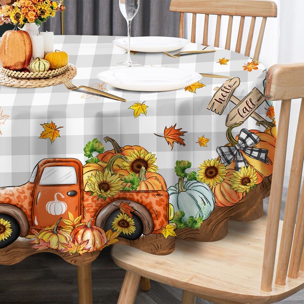 Unibyby Fall Tablecloth 70 Inch Round, Pumpkins and Maple Leaves