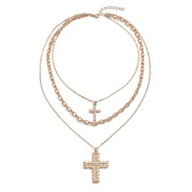 3-Layer Cross Necklace Set, Gold-Tone Chain with Crystal Pendants, Religious Statement Jewelry