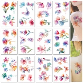 12 Blätter Aquarell Gemälde Blumen frische Aufkleber Schlüsselbein temporäre Tattoo Aufkleber