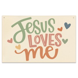 Playroom Decor Jesus Loves Me Banner Boho Nursery Bedroom Decor 22x33In Canvas Flag Banner Wall Hanging Banners Flag Decor for Toddler Boy Kids Room Nursery Playroom