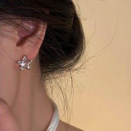 Cimenexe Bohemian Crystal Star Stud Earrings Silver Cut-Out Star Earrings Small Rhinestone Star Stud Earrings Minimalist CZ Star Earrings Jewellery for Women and Girls Gifts, Zinc