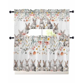 BEMIGO Easter Kitchen Curtains Cute Bunny Valance for Window, Farmhouse Swag Curtains, Spring Flowers Rod Pocket Valance for Kitchen Bedroom Window 56" x 36" Valance, 27" x 24" Tier