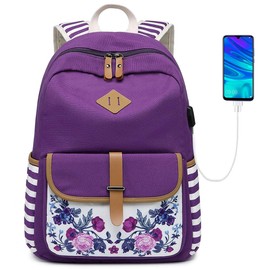 goldwheat - Mochila de lona para niñas, con puerto de carga USB