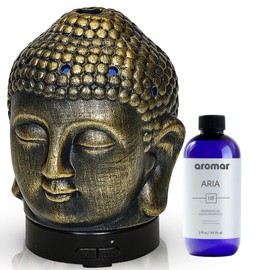 Budha Head Aromatherapy Essential Oil Diffuser with 7 Color LED Lights, Ultrasonic Humidifier, and Auto Shut-Off. for Home, Office, Yoga, Meditation Decor - Zen Statue Set, Plus 2oz Scent Oil (Bronze)