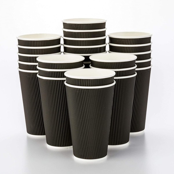 500-CT Disposable Black 16-OZ Hot Beverage Cups with Ripple Wall Design: No Need for Sleeves - Perfect for Cafes - Eco-Friendly Recyclable Paper - Insulated - Wholesale Takeout Coffee Cup
