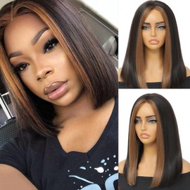 Highlight Bob Wigs Skunk Stripe Bob Wigs Glueless Straight Wigs For Women Synthetic Heat Resistant Fiber Hair long bob wig Middle Part Skunk Stripe Bob Wigs medium length wigs for women 16inch