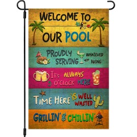 Snycler Welcome To Our Pool Garden Flag, 12.5x18" Party Decorations, Summer Decor, Outdoor Beach Bar Pub Porch Patio Deck Backyard Poolside Decor Outside