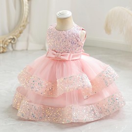 Miipat Baby Dress, Children's Dress, Party Dress, Dress, Tulle, Sequins, Ribbon, Baby Clothing, Formal, Wedding, Birthday, Recital, Commemorative Photo, Gift, Pink, 100