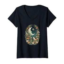 Womens Aesthetic Goblincore and dark Cottagecore Mushroom Moon Bird V-Neck T-Shirt