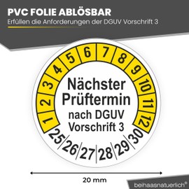 beihaasnatuerlich® Pack of 112 Test Badges "Next Test Date", 20 mm Diameter, Test Labels According to DGUV V3, 2025-2030, Test Stickers, E-Check Test Label, Badge for Electrical Devices (Yellow, 1