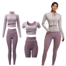 ZiaWorld 4pcs Women Yoga Wear Workout Set with Zipper Long Sleeve Jacket Fitness Yoga Leggings Short Sleeves Top for Running Fitness Seamless Tracksuit (Purple, M)