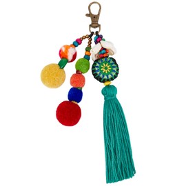 Beebeecraft Boho Keychain Green Tassel Bag Charm Pompom Wood Bead with Swivel Clasp Pendant Decoration Hanging Ornament for Women Gift