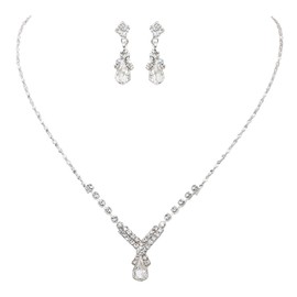 Rosemarie Collections Women's Simple Teardrop Rhinestone Crystal Bridal Fashion Necklace Earrings Silver Tone Jewelry Set, 16"+2" Extender