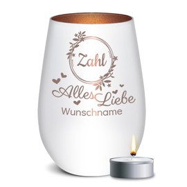 PR Print Royal Windlicht mit Gravur - Alles Liebe - mit Name & Zahl gravieren - Frauen Geburtstagsgeschenk, Personalisierte Geschenke für Familie und Freunde | inkl. Teelicht, 450 ml, Weiß/Bronze