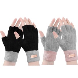 iDopick 2 Pairs Fingerless Gloves for Women Warm, Winter Thermal Gloves Knitted Soft Half Fingers Mittens for Cold Weather Driving Working Typing,Black & Grey