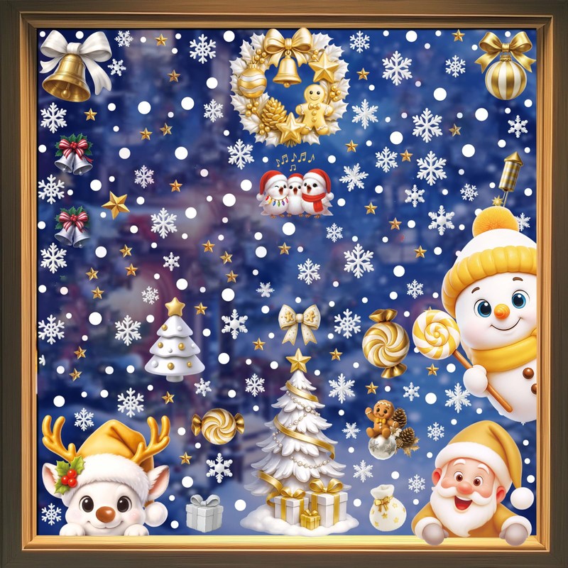 6Pcs Christmas Window Clings Gold Snowman Santa Claus Window Decorations