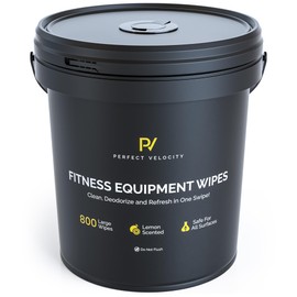 Perfect Velocity Fitness Equipment Wipes with Reusable Bucket Dispenser - 800 Pre-Moistened Lemon Scented Multi-Surface Wet Wipes - All Purpose Gym Cleaner for Yoga Mats & Exercise Equipment