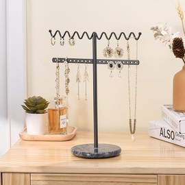 Josmimic Jewelry Stand Necklace Holder, Black Metal Jewelry Organizer with Wavy Necklace and Earring Holder, Marble Base for Stability, Home Decor for Bedroom or Vanity