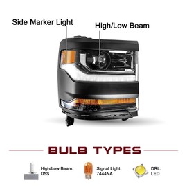 JSBOYAT HID/Xenon Headlight Assembly Replacement for 2016-2018 Chevy Silverado 1500/2019 Chevy Silverado 1500 LD LED Day Running Lights OE Style Black Housing Passenger Side