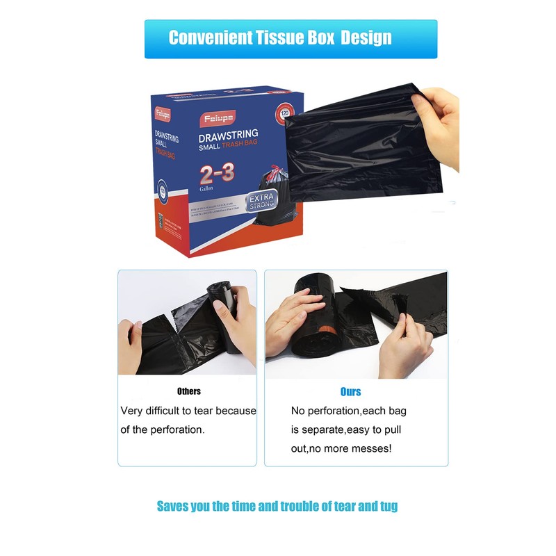 Feiupe 2-3 Gallon Drawstring Trash Bag,Small Garbage Bag Trash Can