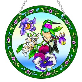 Hummingbird Stained Glass Window Hangings - Colorful Flower Suncatchers for Windows, Birds Window Hangings with Chain and Hook, 6 inch Stained Glass Suncatcher for Mom, Grandma, Bird Lovers