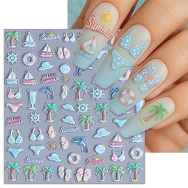 IDDFEVE Embossed Summer Nail Art Stickers - 5D Beach Palm Tree Self-Adhesive Nail Decals for DIY Coconut Fish & Wave Manicure (2 Sheets)