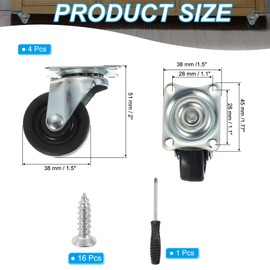 PATIKIL 1.5" Caster Wheels, 4Pcs Silent Rubber Swivel Wheel with 360° Bearing Top Plate Casters Total 132 Lbs for Furniture Workbench Industrial
