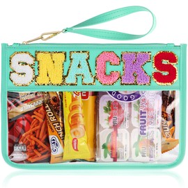 TESAFNG TESAFNG Snack Bag for Travel - Clear Chenille Varsity Letter Flat Pouch with Zipper, Waterproof Clear PVC&PU Preppy Patch Makeup Cosmetic tote Bags for Women (Green-Snacks)
