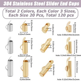 Beebeecraft 1 Box of 120 Slidable End Clasps Made of Stainless Steel 2 Colours Tube Slider End Caps Crimp Tailpipe for Necklace Bracelet Jewellery Making
