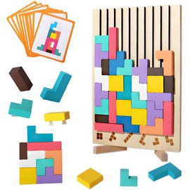 Tetris Wooden Game, Tetris Game, Wooden Stacking Puzzle Toy, Wooden Montessori Games 3 4 5 6 Years, Educational Toy for Children Jigsaw Block Puzzle Gift Children with 10 Cards